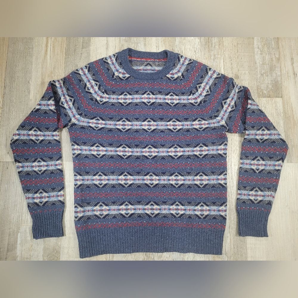 Lambs wool J.Crew Fair Isle Sweater w/m Blue Excellent E3670 Crewneck - Picture 3 of 9
